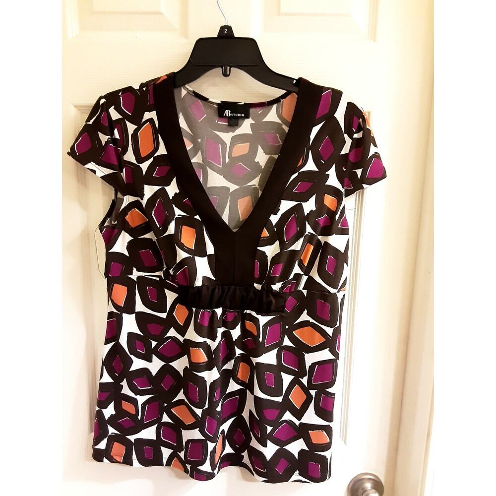 AB Studio Blouse Women's Size Large Multicolored Blouse, V-neck Stretch Colorful